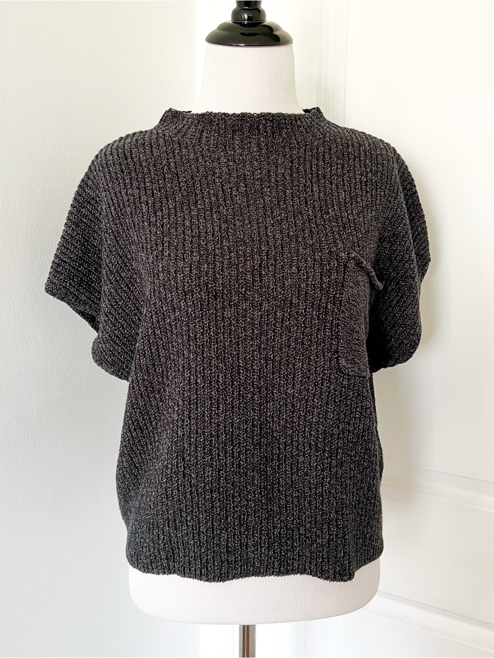 Free People FP Beach Charcoal Ribbed Knit Short-Sleeve Sweater
